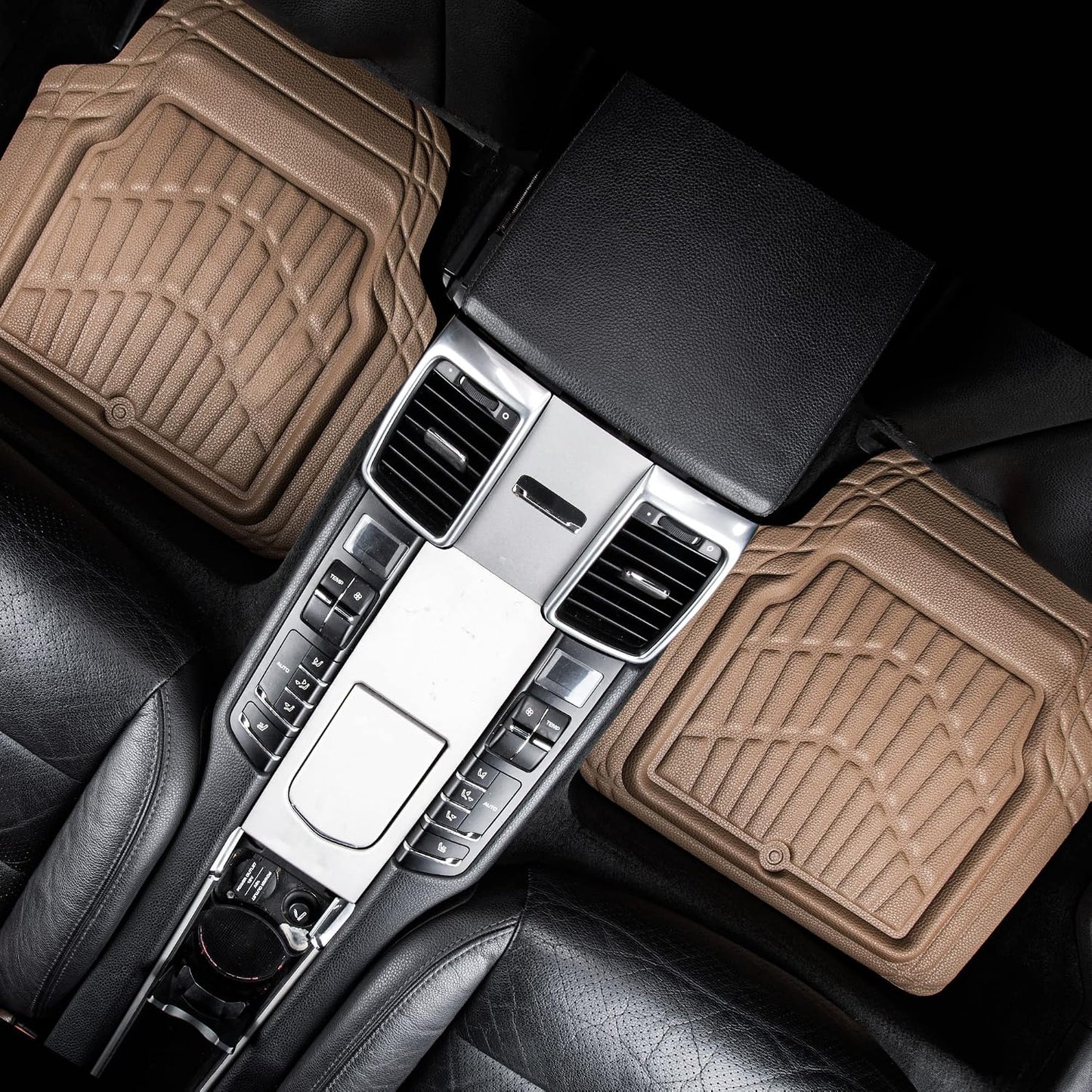 CASS Pass 4 Piece Leather Car Floor Mats -3D Waterproof All Weather, Universal Trim to Fit & Anti-Slip Burr Bottom Safety & Light Easy Clean Install for SUV Truck Auto Sedan Van (Beige)