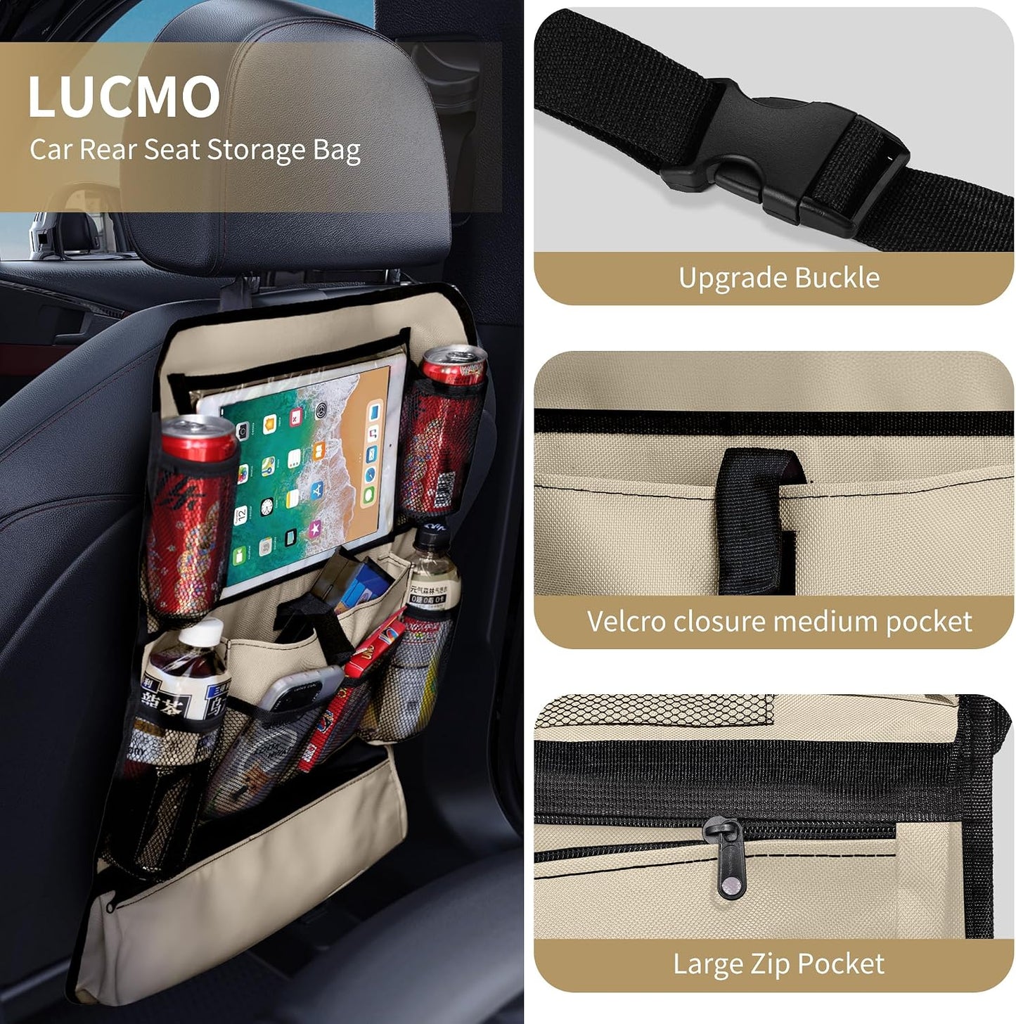 LUCMO Car Backseat Organizer with Touch Screen Tablet Holder, Beige | 2 Pcs,9 Storage Pockets,Clear Tablet Holder,Protectors Kick Mats,Travel Accessories,Seat Cover,Road Trip Essentials