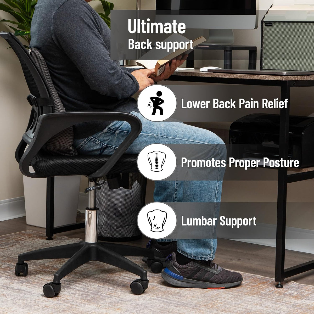Mind Reader Air-Cloud Lumbar Cushion, Ergonomic Memory Foam Back Support Pillow for Office Chairs, Recliners, and Car Seats, Chiropractor-Recommended, Gray