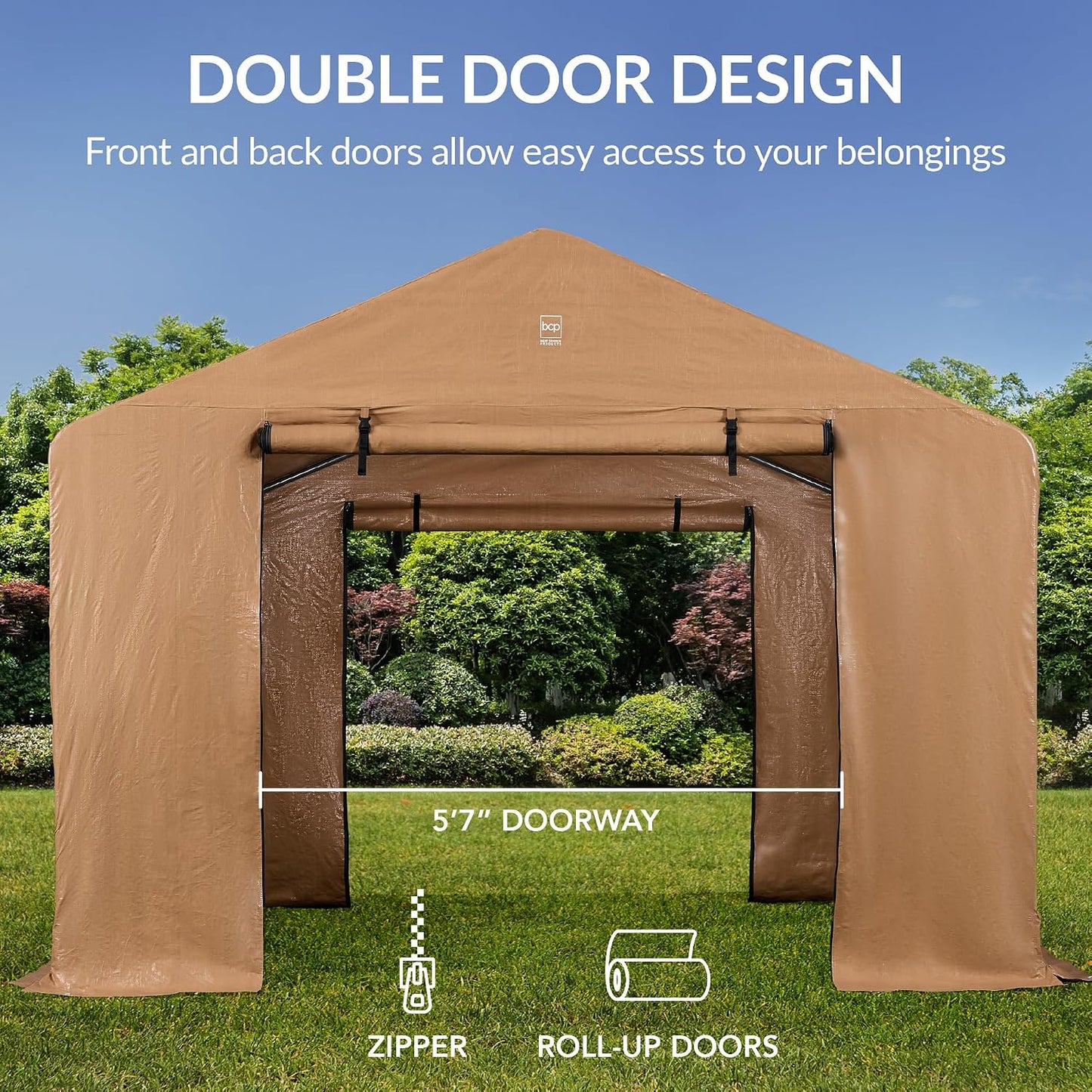 Best Choice Products 10x8ft Outdoor Storage Shed, Carport, Canopy Shelter, Dual Doors & Windows, Metal Frame, Weather-Resistant, Perfect for Storing Motorcycle, Bike, Garden Tools – Tan