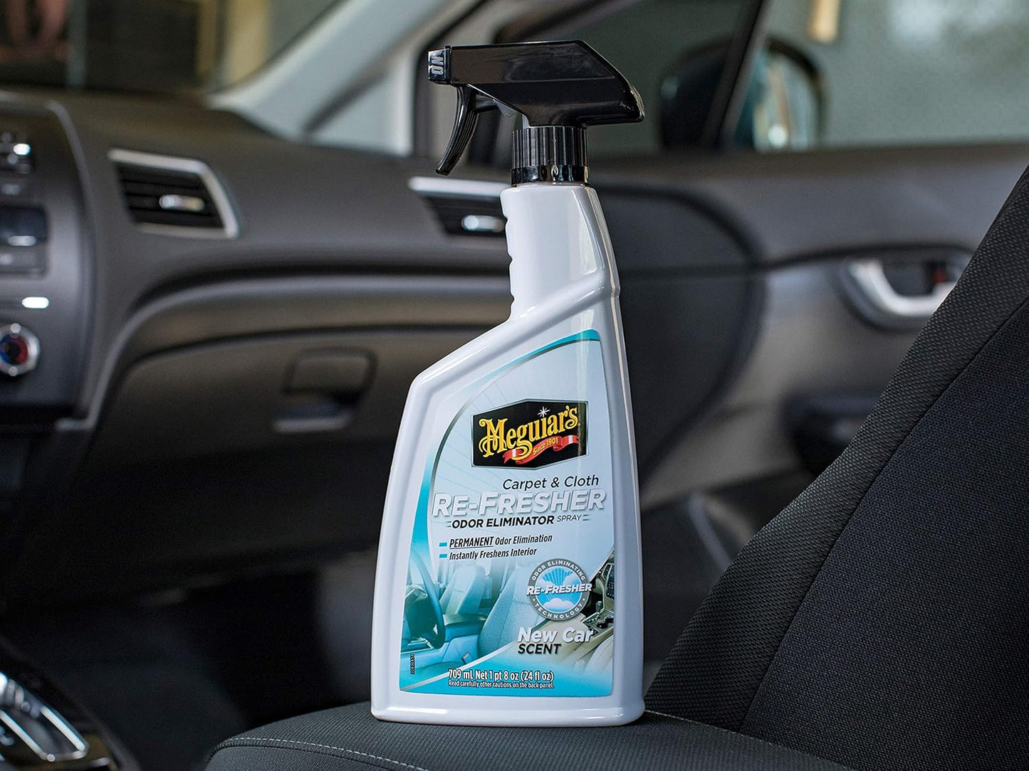 Meguiar's Carpet and Cloth Re-Fresher Odor Eliminator Spray, Car Air Freshener, Fights Odors and Freshens Fabrics in your Car, Easy to Use Trigger Spray, 24 Oz