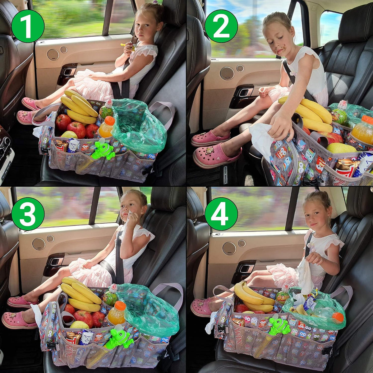 Easy-to-Reach Kids Car Organizer with Tissue Box and Cup Holder for Back Seat, Front Seat, Between Seats, Floor - Tote Car Storage Organization for Toddlers - Kids Road Trip Travel Essentials (Grey)