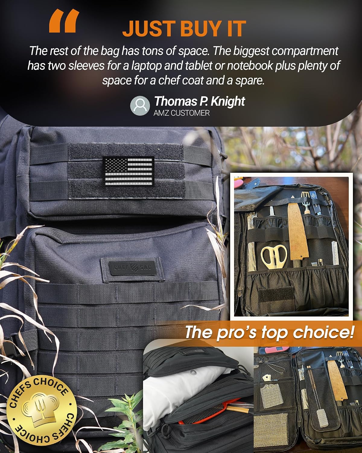 Chef Knife Bag Tactical Backpack XL, 30+ Pocket Knife Carrying Case for Chefs and Culinary Tools, Patented Retention Panels with Hook-and-Loop System, YKK Zippers, Fits 12in Knives