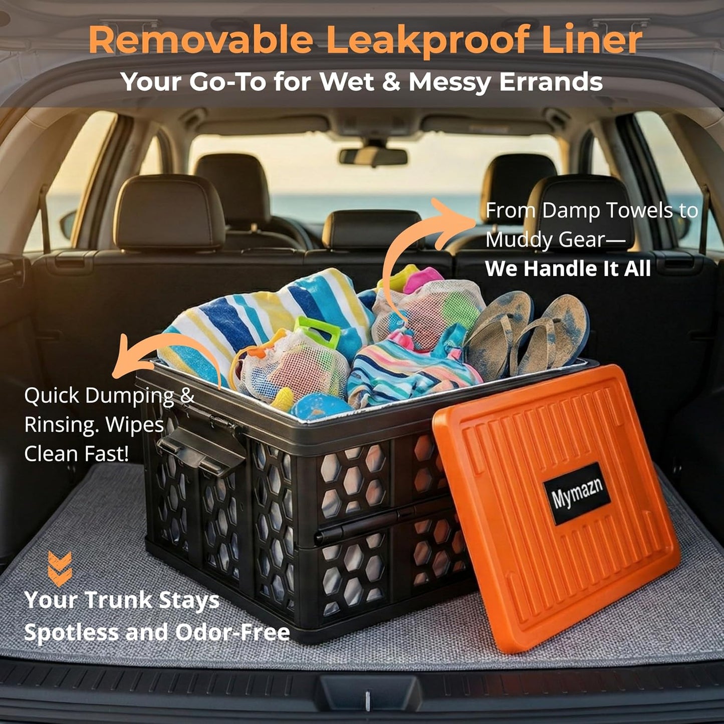 Mymazn Trunk Organizer Plastic for Car, Orange | Collapsible Crate Storage, With Lid, Waterproof Bag, Optional Insulated Cooler, For SUV, Groceries, Camping