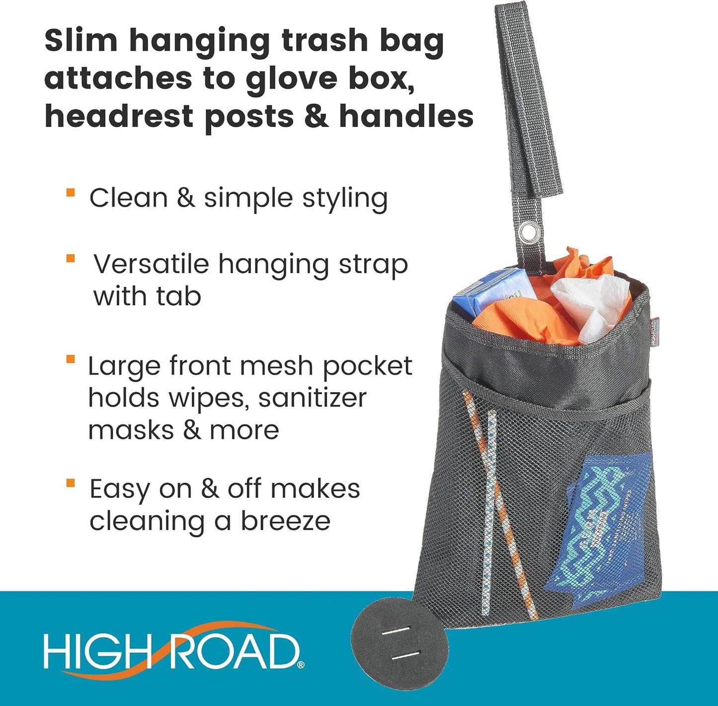 High Road TrimTrash Hanging Car Garbage Bag - Slim and Leakproof Car Trash Bag with Magnetic Closure and Storage Pocket - Attaches to Seat, Glovebox or Console