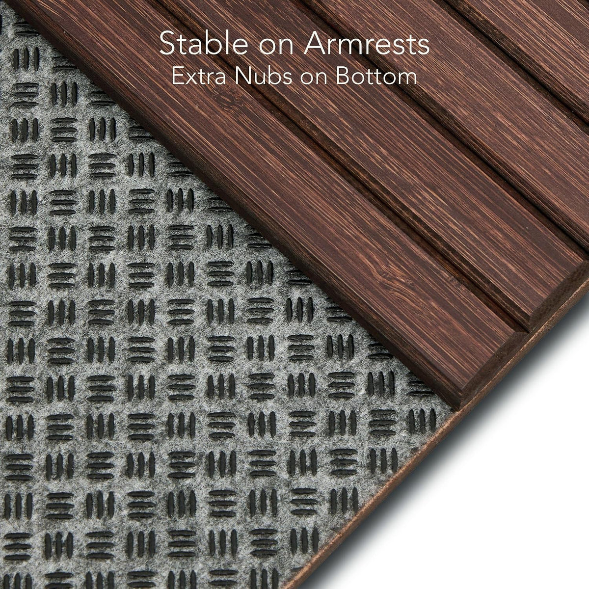Detor Couch Cup Holder Tray with Super Anti-Slip Pad, Large 4.5" x 4.5" Organizer, Brown-Stained Bamboo Finish, Enhanced Non-Slip Felt Base, Durable Bamboo Slats, Fits Armrests 5.5" and Wider