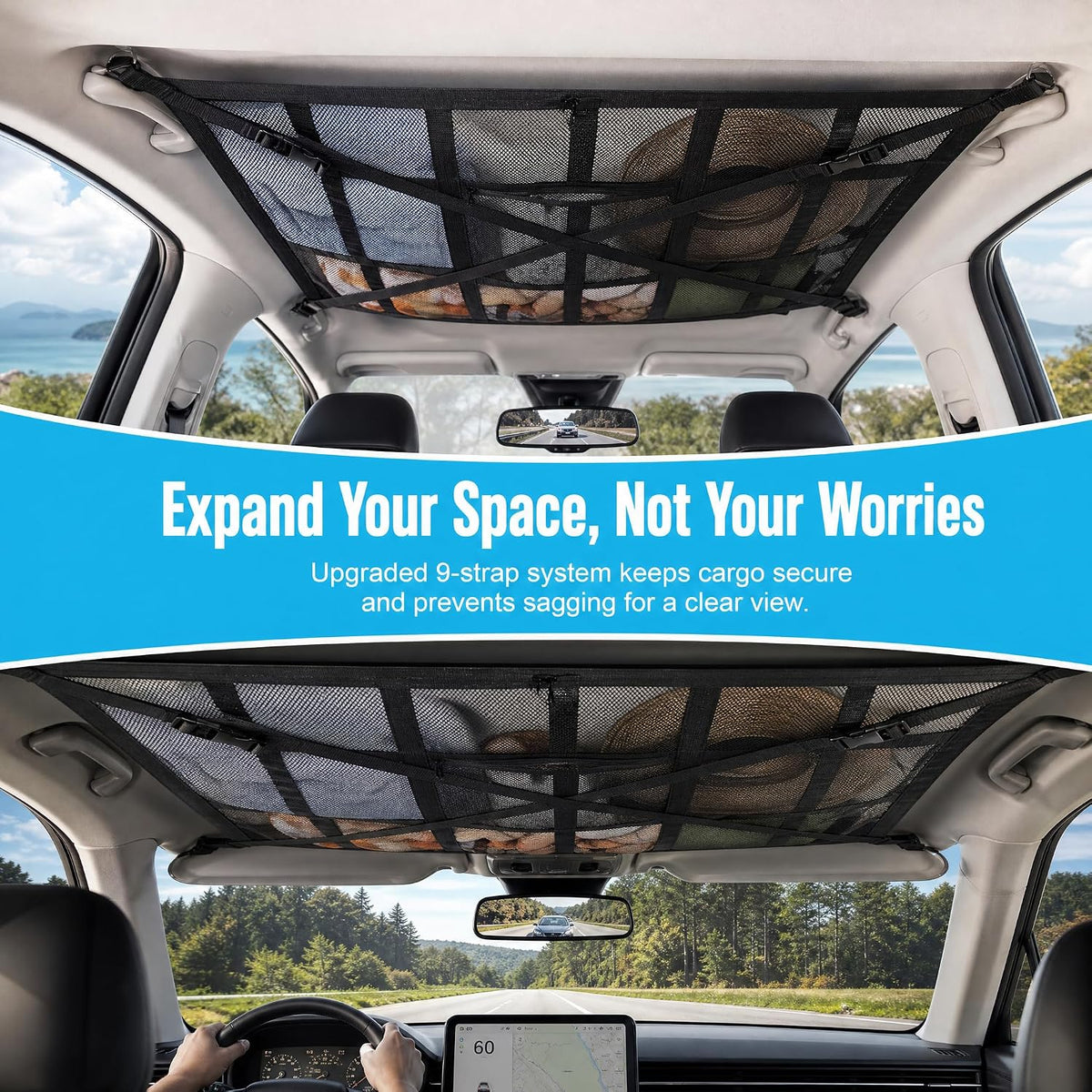 Car Ceiling Cargo Net, 31.5×20.87" Double-Layer Car Overhead Storage Mesh Organizer, Adjustable Auto Roof Storage Organizer, Camping Overlanding Gear Must Haves Cargo Net