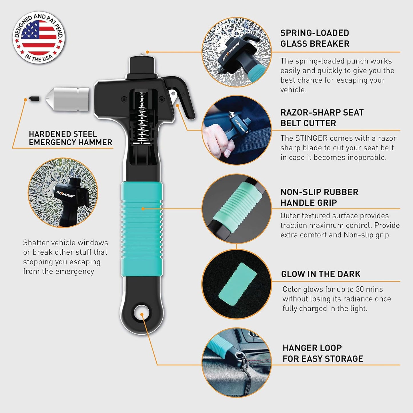 Stinger Super Duty Car Emergency Escape Tool - Hardened Carbon Steel Safety Hammer, Spring-Loaded Window Breaker, Razor-Sharp Seat Belt Cutter, Life-Saving Rescue Tool (One Green)