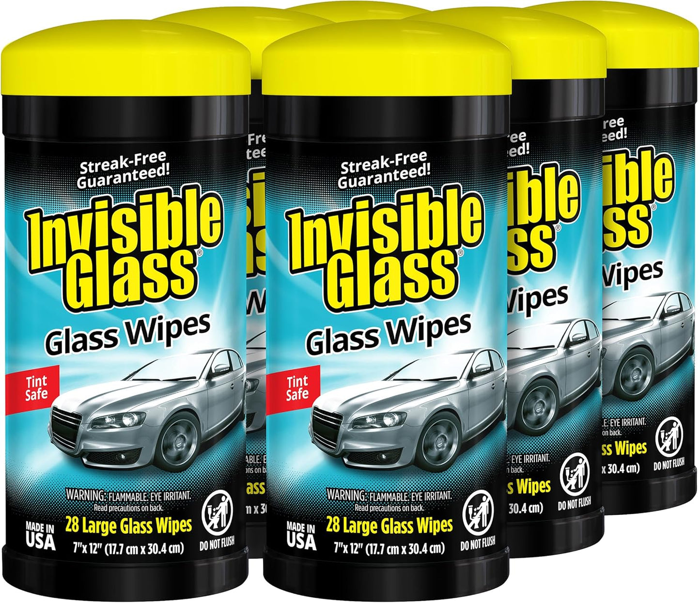 Invisible Glass 90166-6PK Large Glass Cleaning Wipes for Streak-Free Windows, Mirrors, and Glass, Lint-Free, Ammonia-Free, Tint-Safe, for Home and Auto, Canister, 28 Count (Pack of 6)