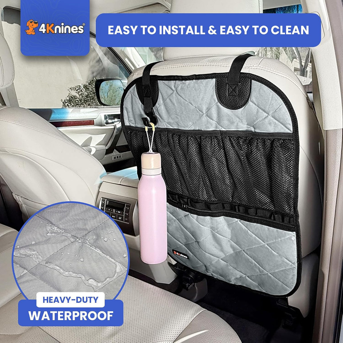 4Knines Car Seat Back Organizer – Heavy-Duty Kick Mat, Mesh Pockets, Grey