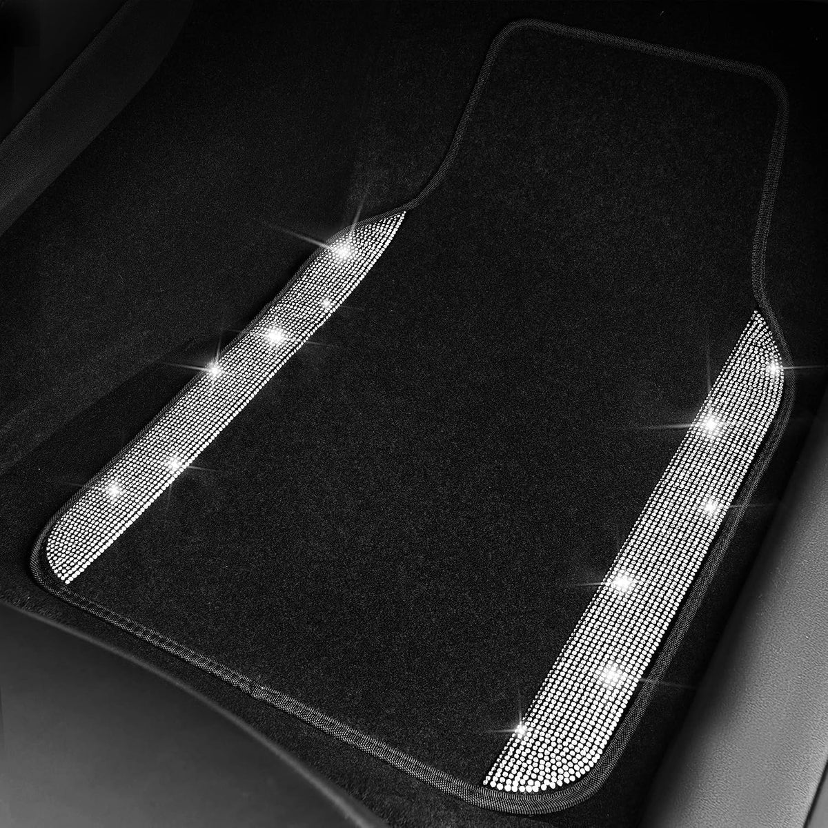 CAR PASS 3 Row Bling Diamond Car Mats Shining Carpet Rhinestones Sparkly Glitter Floor Mats Anti-Slip PVC Heel Pad Universal for Automotive SUV,Sedan,Van, 3rd Row 2 Rear for Girl Women, Black Silver