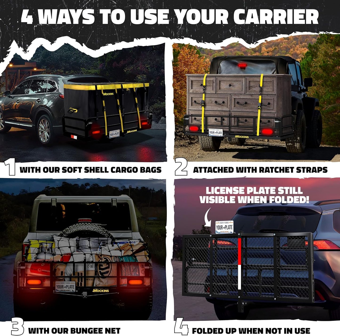Mockins 60"x24"x14" High Rail Trailer Hitch Cargo Carrier with Rear Lights | Includes 30 CuFt Cargo Bag for Hitch Carrier & Plate Bracket | 500 Lbs Capacity All-Weather Luggage Rack for SUV Car Truck RV