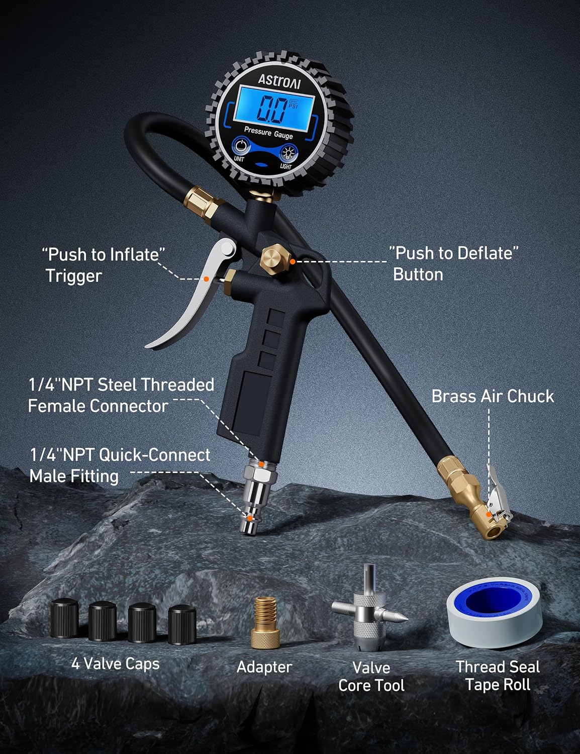 AstroAI Pencil Tire Pressure Gauge 2 Pack, Digital Tire Pressure Gauge with Inflator