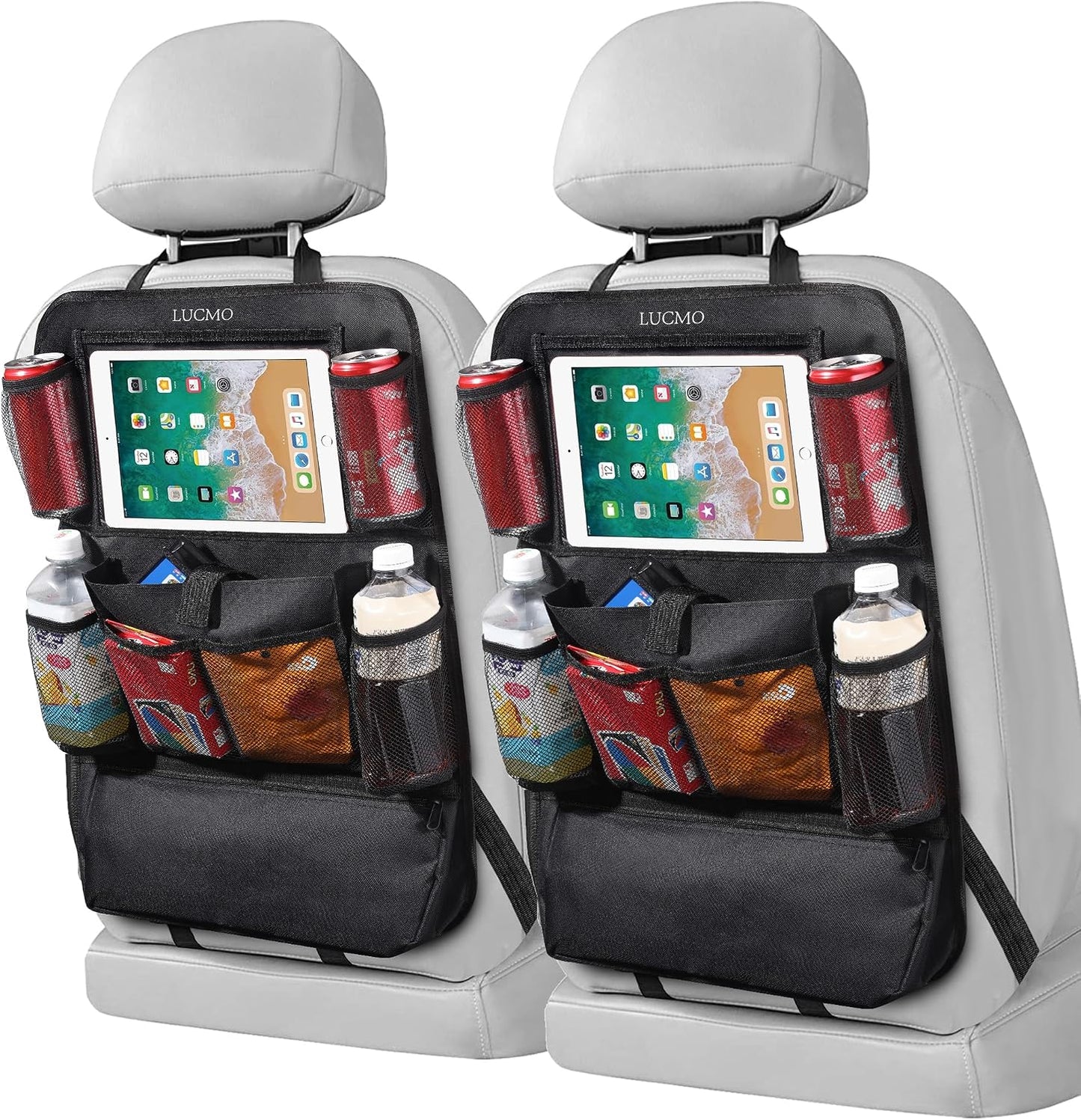 LUCMO Car Backseat Organizer with Touch Screen Tablet Holder, Black | 2 Pcs,9 Storage Pockets,Clear Tablet Holder,Protectors Kick Mats,Travel Accessories,Seat Cover,Road Trip Essentials