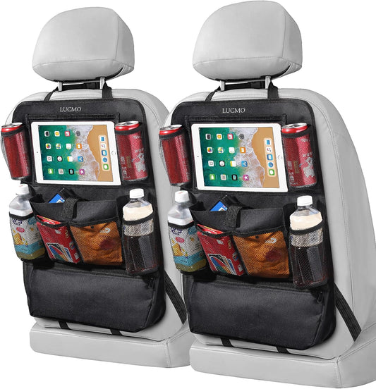 LUCMO Car Backseat Organizer with Touch Screen Tablet Holder, Black | 2 Pcs,9 Storage Pockets,Clear Tablet Holder,Protectors Kick Mats,Travel Accessories,Seat Cover,Road Trip Essentials