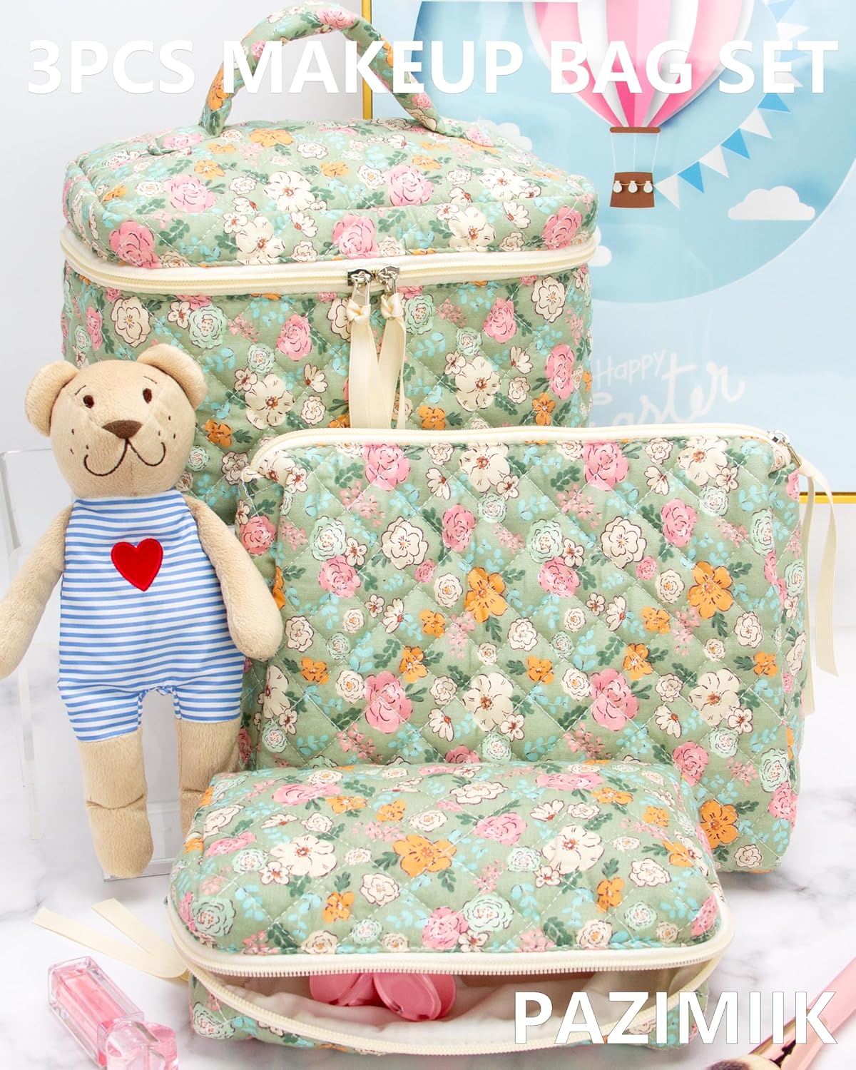 3 Piece Quilted Makeup Bag Set for Women,Cosmetic&Toiletry Bag,Green Flower