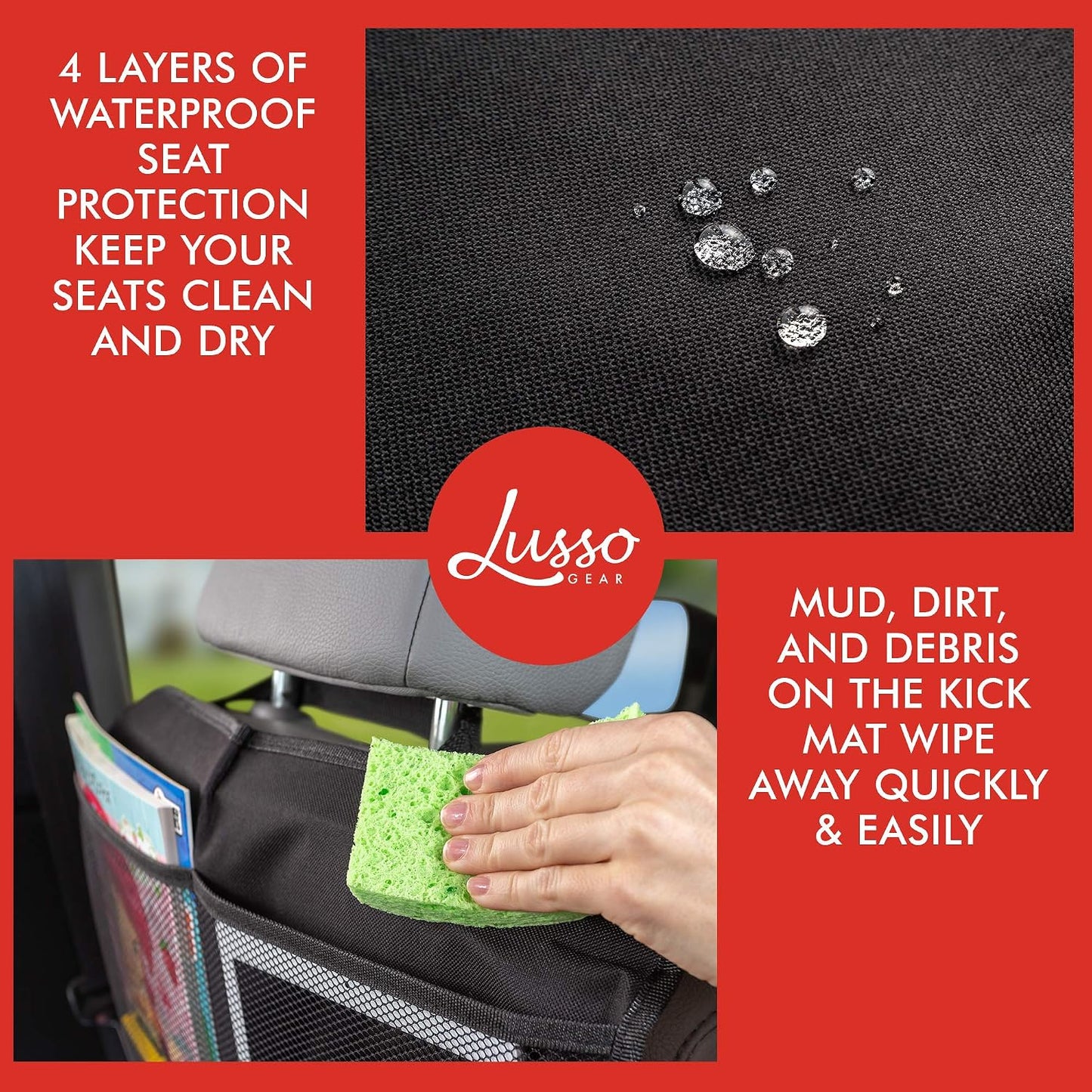 Lusso Gear Kick Mats (2 Pack) - Car Seat Back Protectors, Premium Waterproof Fabric, Reinforced Corners to Prevent Sag, and 4 Mesh Pockets for Large Storage (Gray)