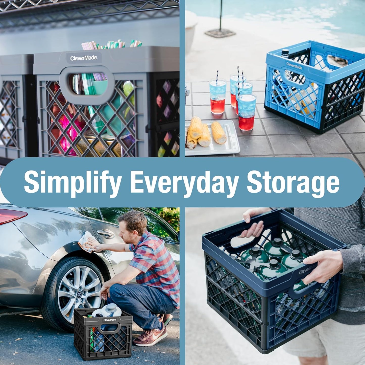 CleverMade Heavy Duty Collapsible Milk Crate, 25L, 3 Pack, 50 lb, Ocean | Stackable plastic storage crate with file rails for hanging folders and organizes garages, classrooms, offices and car trunks