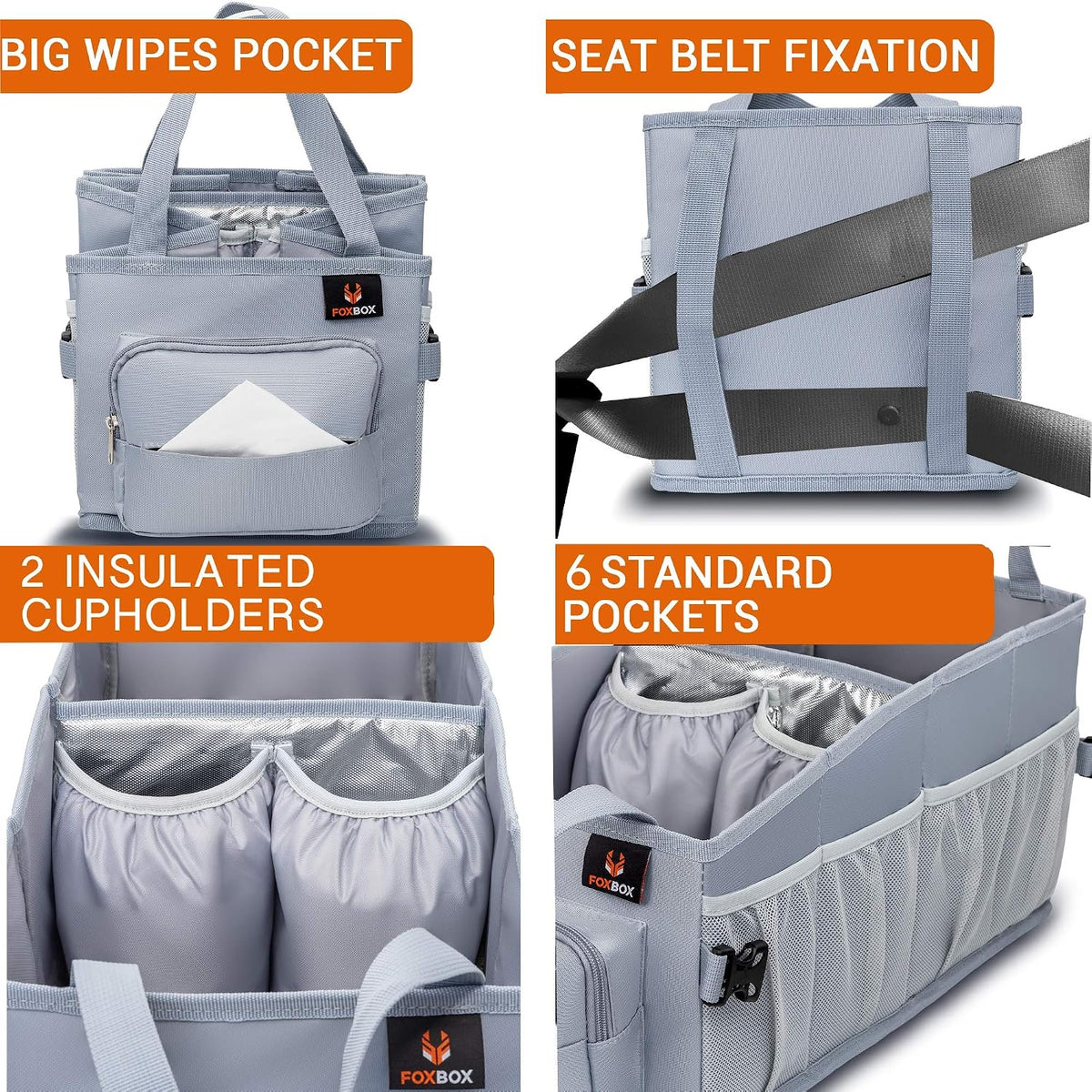 Easy-to-Reach Kids Car Organizer with Tissue Box and Cup Holder for Back Seat, Front Seat, Between Seats, Floor - Tote Car Storage Organization for Toddlers - Kids Road Trip Travel Essentials (Grey)