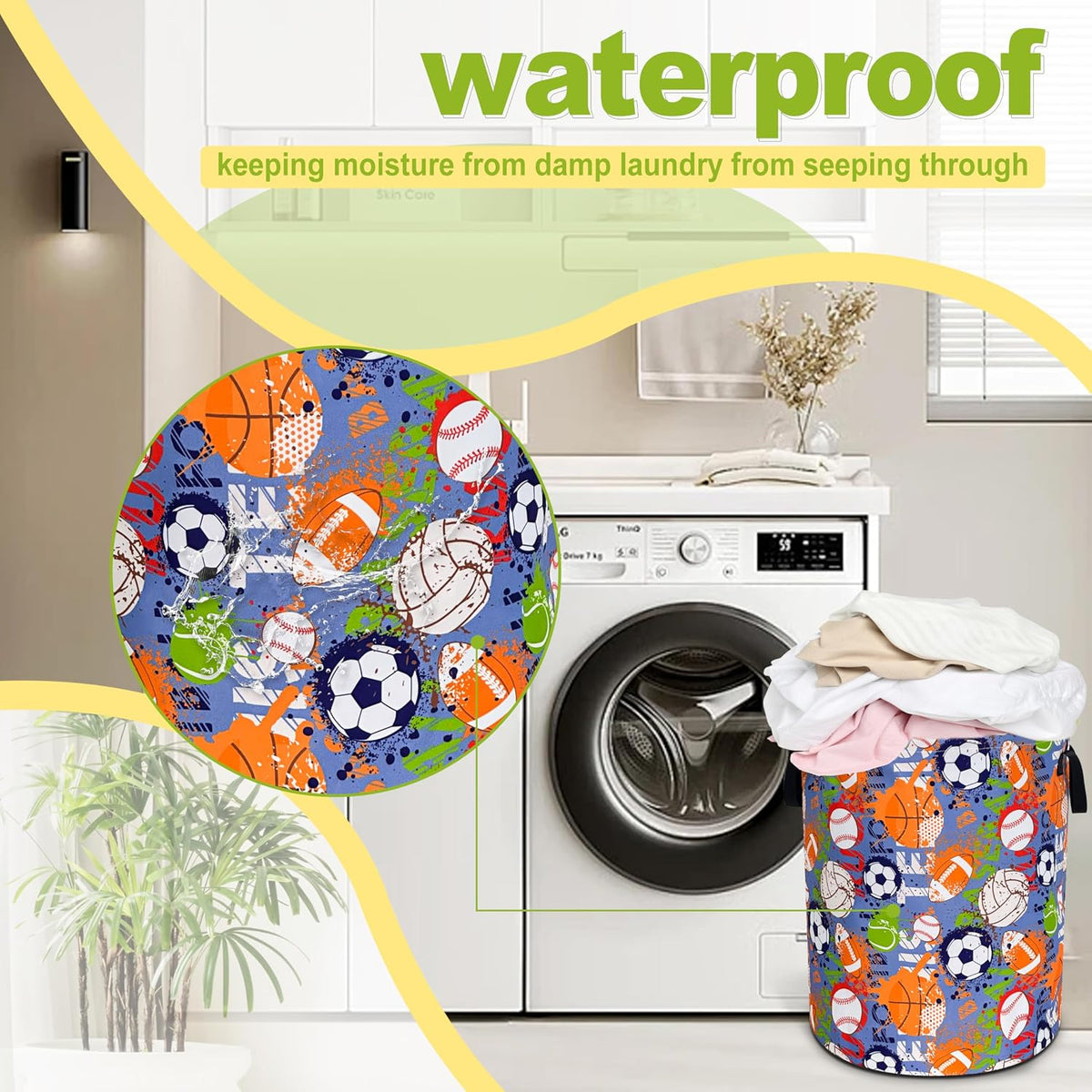 Funny Ball Sports Laundry Basket Foldable Waterproof Hamper 18.9x16.5 Inch