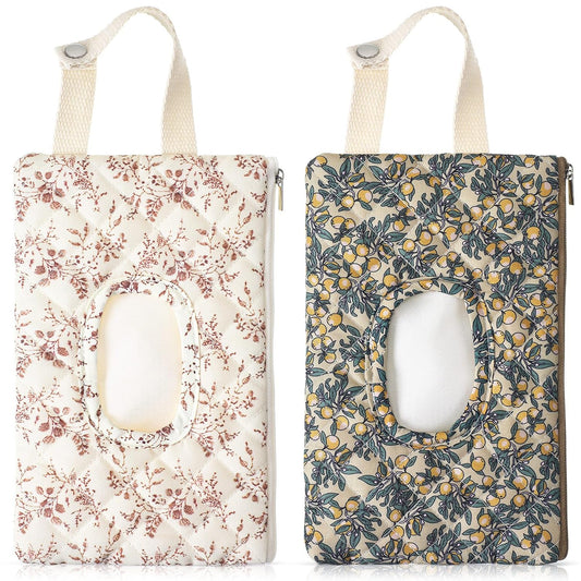 2 Pcs Quilted Diaper and Wipes Pouch Portable Hanging Floral Wet Wipe Bag Diaper Bag Reusable Wipes Pouch for for Stroller Car Travel Infant Diapering Organizer (Mixed Floral)