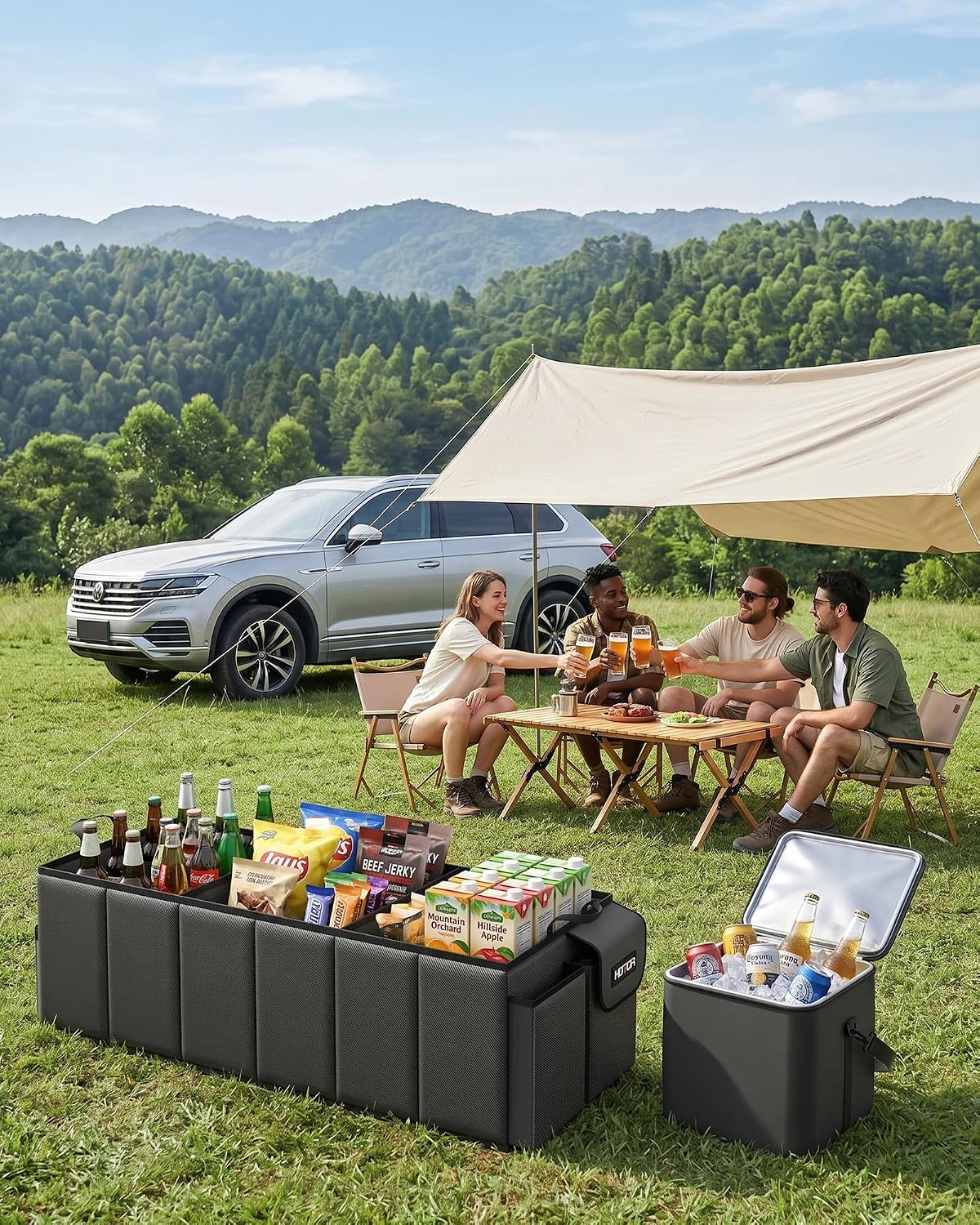HOTOR Trunk Organizer for Car & SUV, Sturdy Car Organizer with Removable Cooler, Large Foldable Trunk Organizer with Cooler, 3 Compartments, Adjustable Straps, Black, 35.43”×14.17“×10.63”