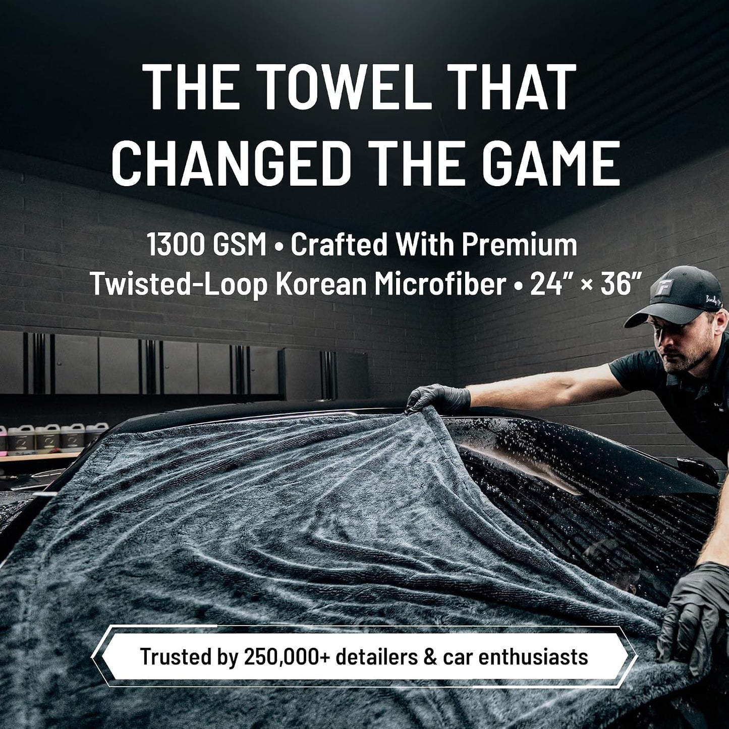 Blackline 24"x36" Twisted-Loop Car Drying Towel, 1300GSM, Streak Free, Lint Free, Reusable - Car Accessories, Microfiber Cleaning Cloth for Car, Truck, SUV - One Pass is All You Need