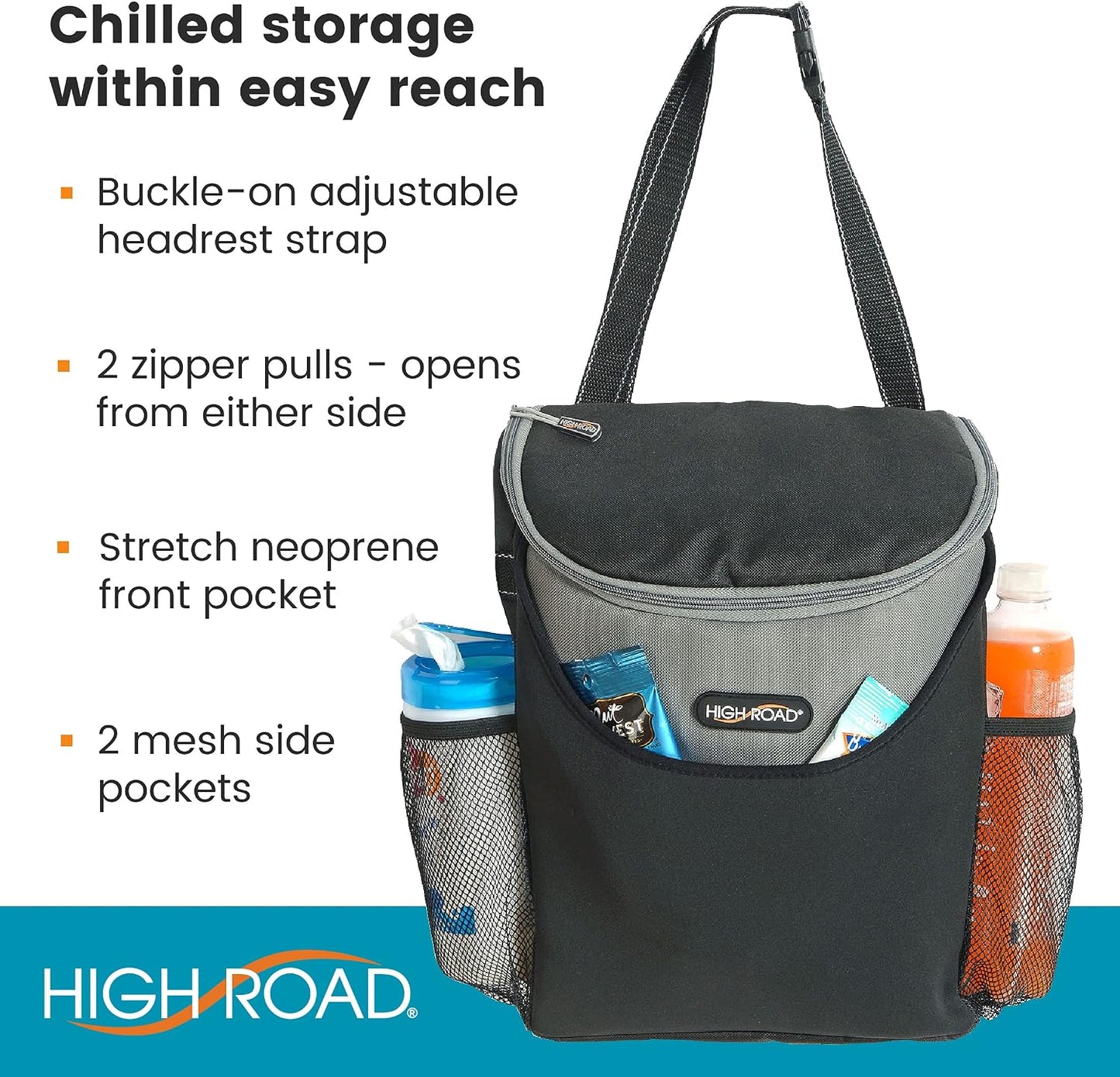 High Road Soft Car Cooler Bag for Cold and Hot Food Transport - Insulated Backseat Cooler Bag for Car, SUV, Truck or Van - Portable Soft Cooler with Storage Pocket and Bottle Holders