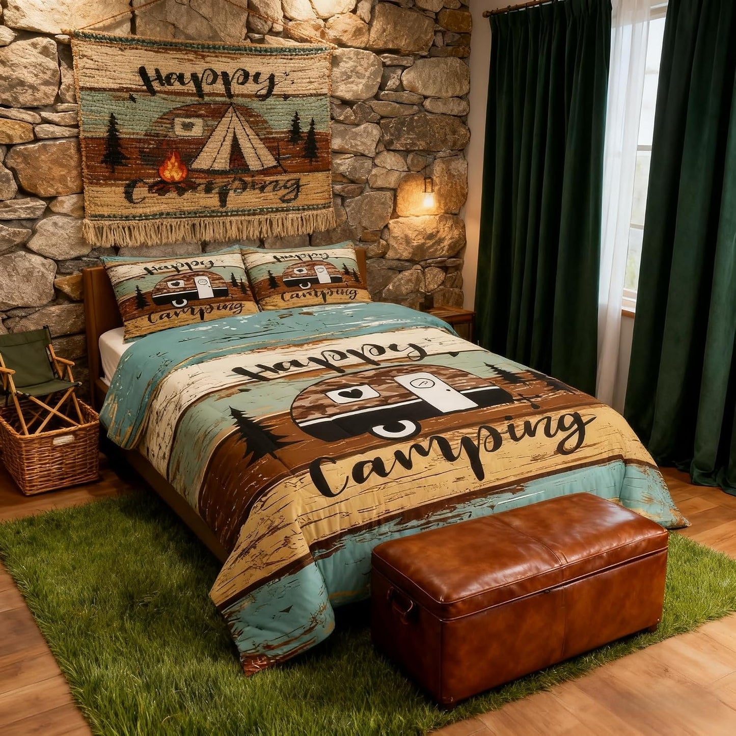 Manfei Rustic Adventure Camper Kids Comforter Set Twin Size,Happy Camping Farmhouse Cabin Lake House Bedding Set,Wooden Plank Pine Nature Quilt Comforter,Brown Retro Duvet Insert,1 Pillowcase
