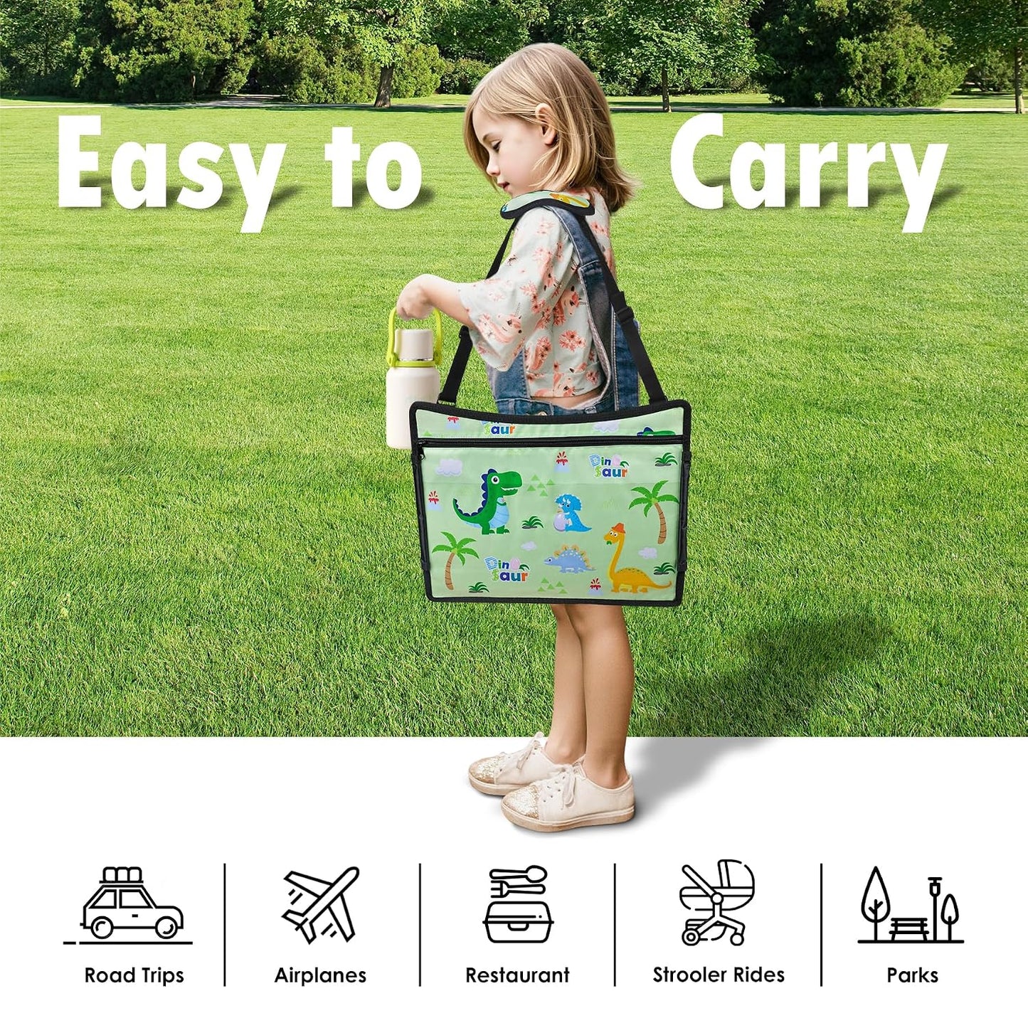 Kids Travel Tray, Kids Travel Trays for Car Seat, Road Trip Essentials for Toddler, Carseat Lap Tray with Dry Erase Board & Storage Organizer for Road Trip Activities for Kid, Green