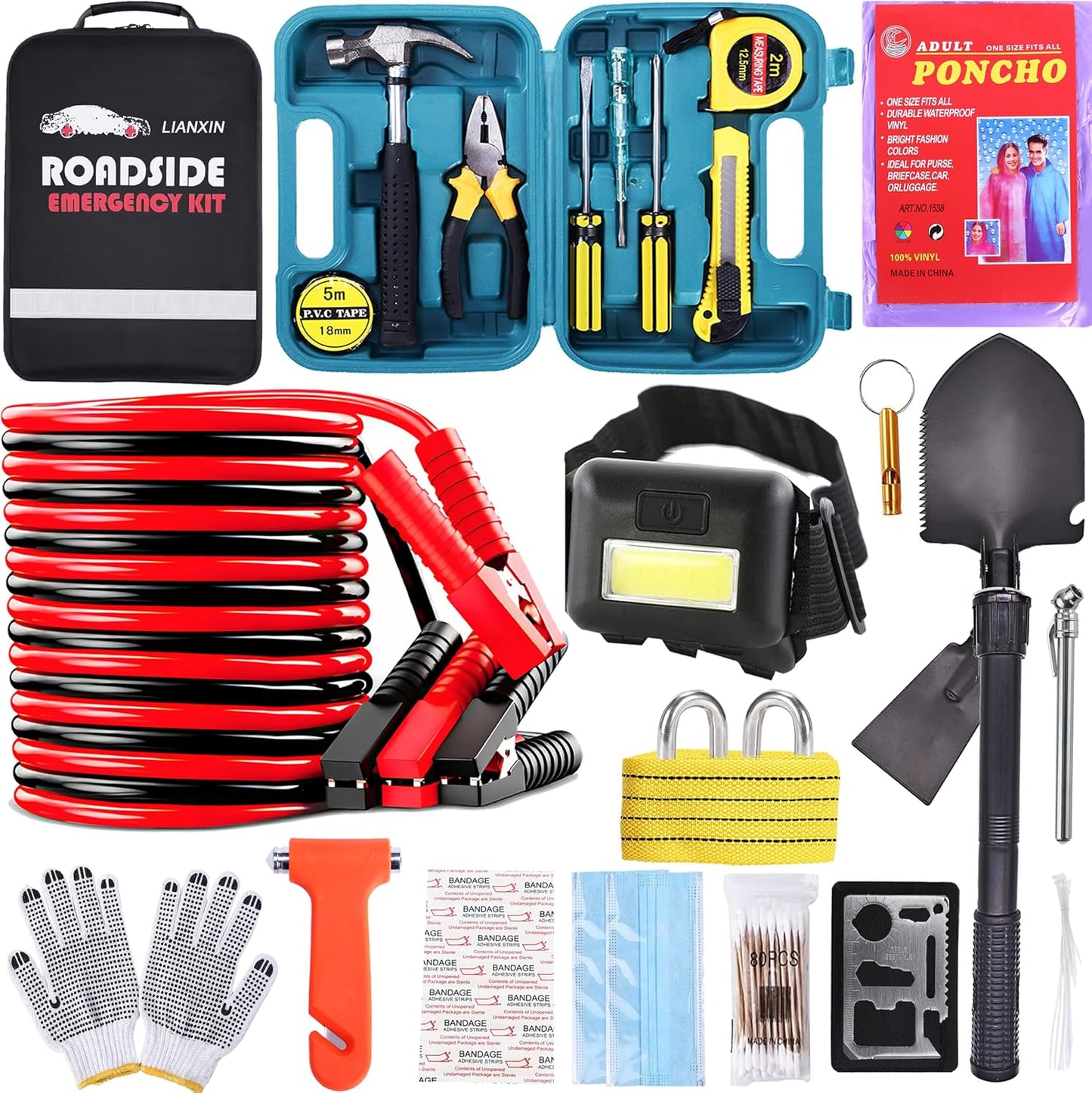 Emergency Roadside Kit for Car, Safety Kits for Cars With Jumper Cables | Premium Roadside Assistance Kit for Cars Headlamp Folding Shovel Safety Hammers Tow Rope Gifts for New Drivers Car Tool Kit