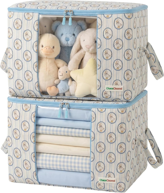 Chaos Cleared Kids Storage Bags – 100% Cotton Canvas Toy & Clothes Organizer with Cute Design – Storage Bin for Stuffed Animals, Baby Items & Clothes with Zipper & Handles (Blue Duck Print)