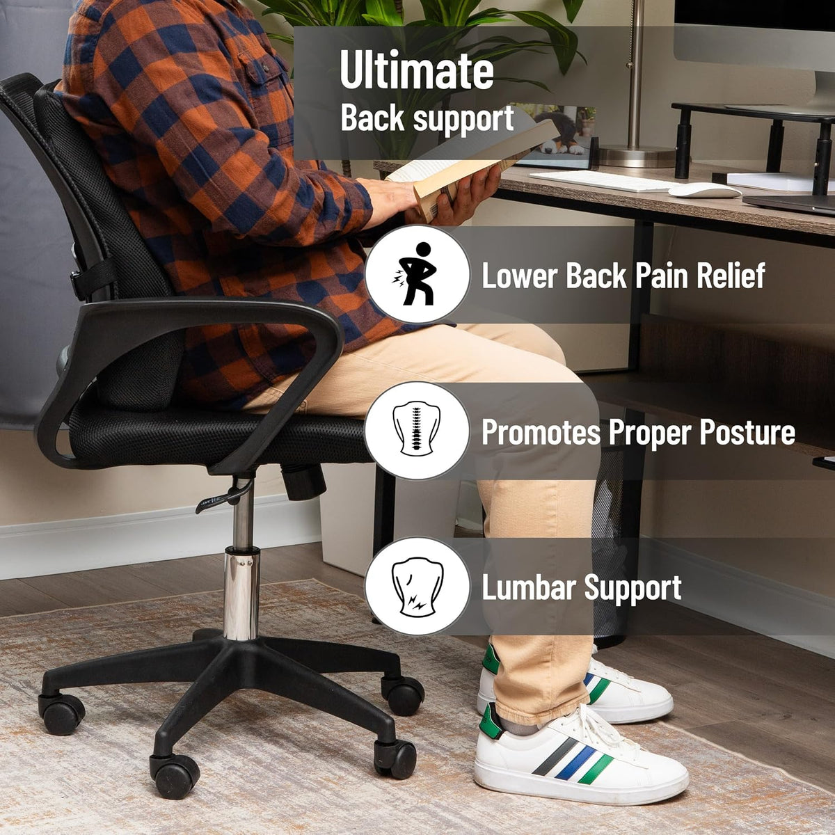 Mind Reader Air-Cloud Lumbar Cushion, Ergonomic Memory Foam Back Support Pillow for Office Chairs, Recliners, and Car Seats, Chiropractor-Recommended, Black
