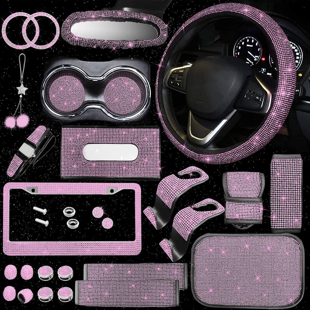 25PCS Bling Car Car Accessories Set,15 Inch Steering Wheel Cover,Shiny License Plate Frame,Center Console Cover and Rearview Mirror Set and Other Car Accessories(Red)