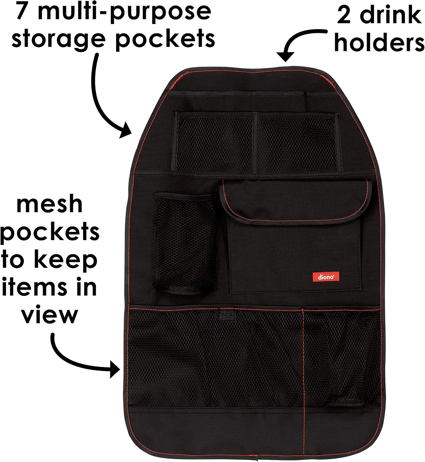 Diono Stow 'n Go Car Back Seat Organizer for Kids, Kick Mat Back Seat Protector, with 7 Storage Pockets, 2 Drinks Holders, Water Resistant, Durable Material, Black , 18x10x9 Inch (Pack of 1)