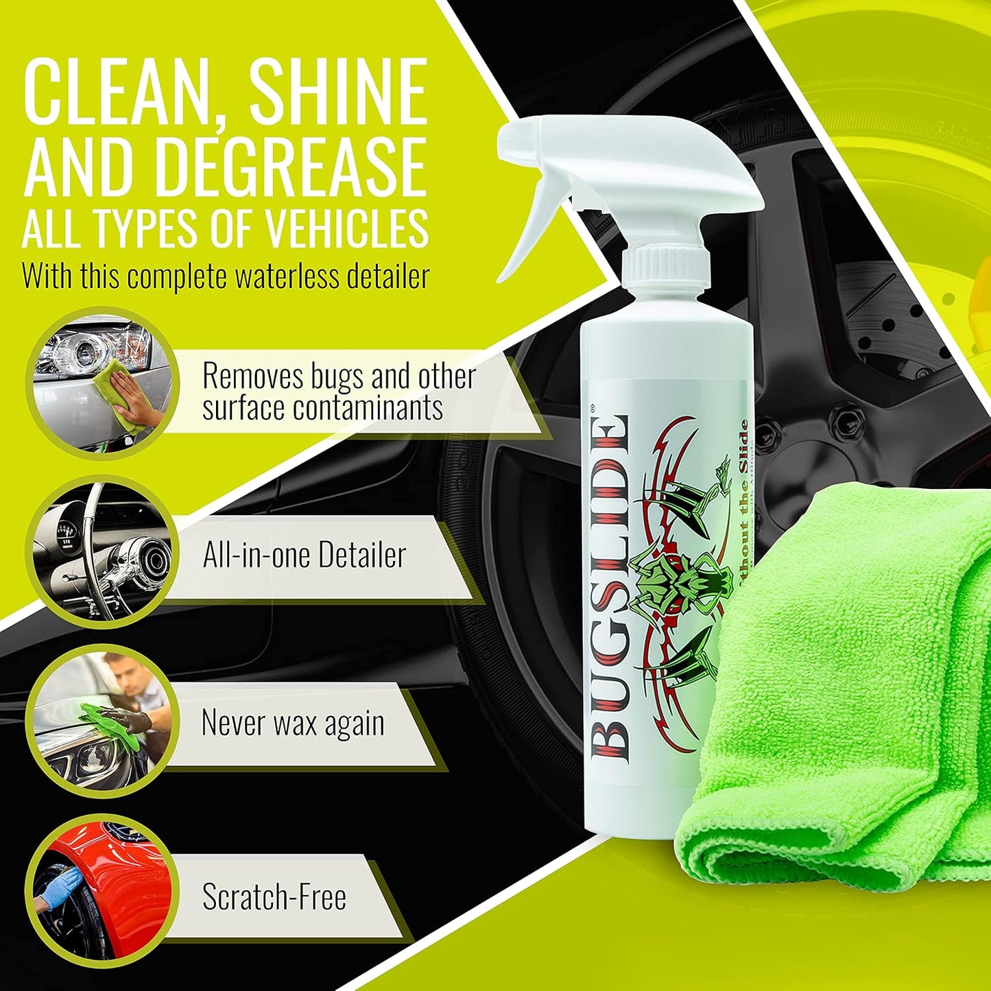 BugSlide 16 Oz Shop Kit Cleaner and Polisher with Microfiber Towel, Spray and Wipe Car Cleaner, Waterless Detailer for Removing Bugs without Scratching, Shining and Degreasing all Surfaces