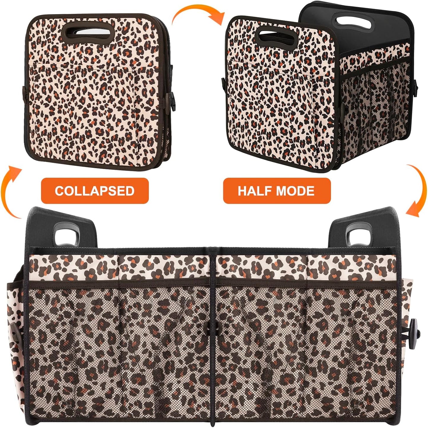 Trunk Organizer, Collapsible Trunk Organizers and Storage, Car Accessories for Women and Men, Multi-Compartment Trunk Storage Organizer for SUV, Car, Mini-Van, Leopard Print