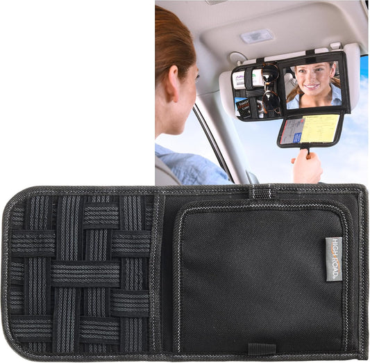 Visor Organizer with Mirror and Hidden Registration and Insurance Pocket