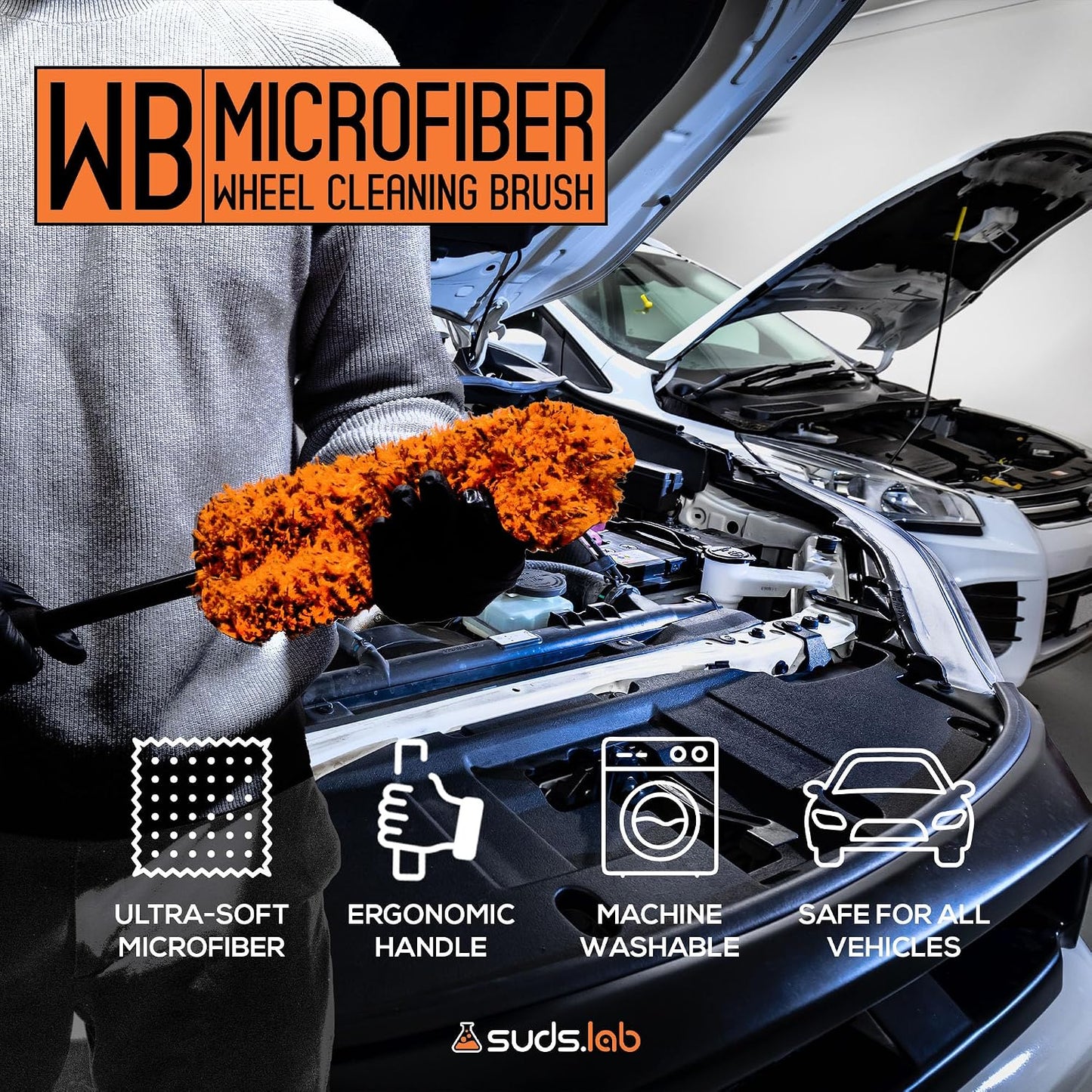 Suds Lab WB Premium Microfiber Cleaning Wheel Brush for All Vehicle Types – 18.1" Ultra-Soft & Scratch-Free Reusable Rim, Wheel, and Tire Brush with Ergonomic Handle