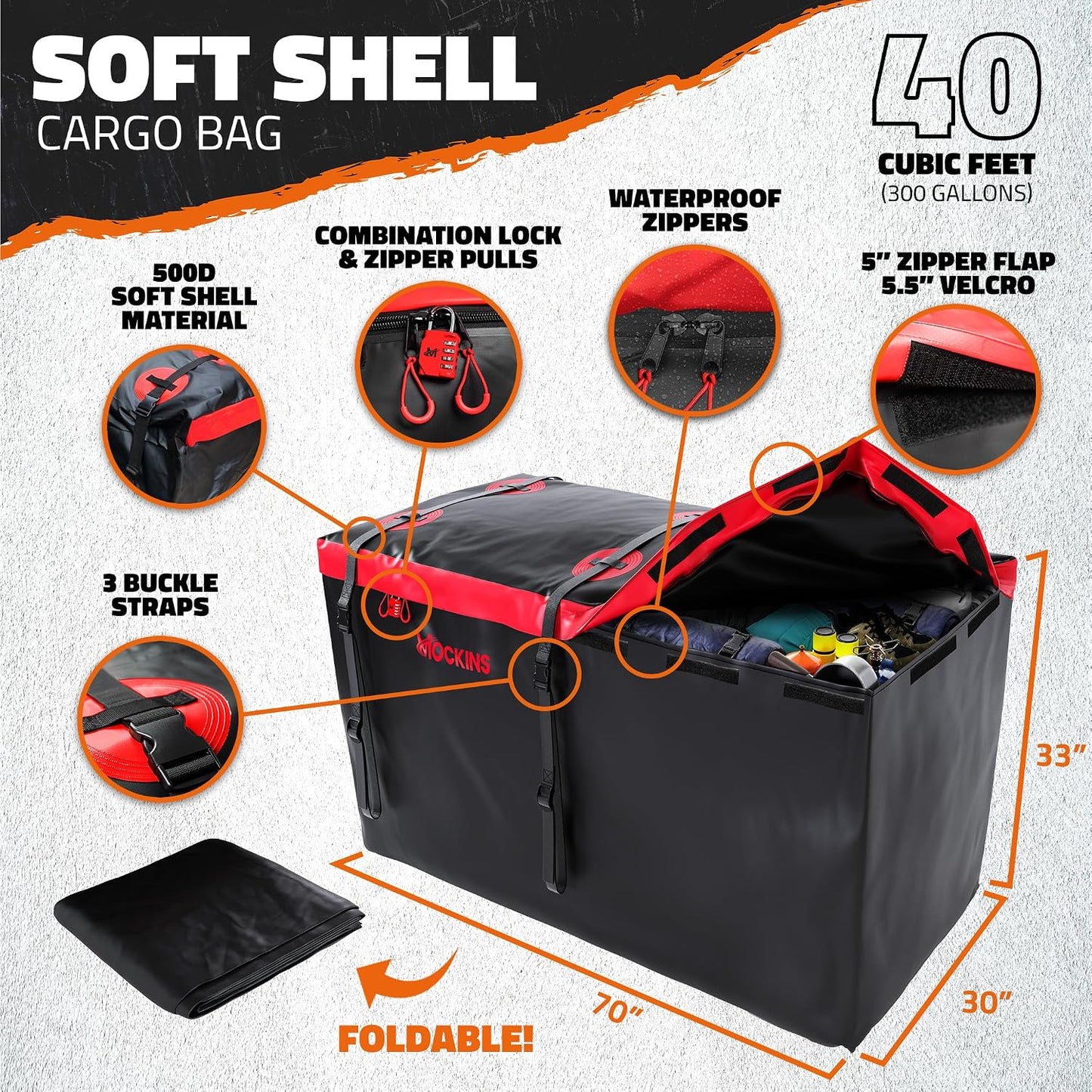 Mockins 70"x30"x6" XXL Folding Trailer Hitch Cargo Carrier w/ 500 Lbs. Cap | Luggage Rack for SUV Car Truck & RV w/ 40 CuFt Waterproof Cargo Bag for Hitch Carrier | Includes Rear Lights & Plate Bracket