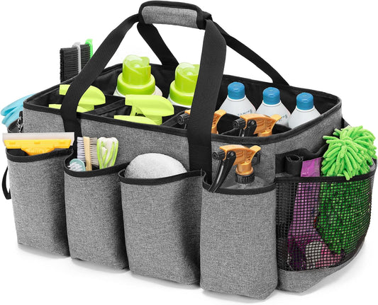 HODRANT Extra-Large Cleaning Caddy with Handles & Multi Pockets | Large Capacity Tote Bag for Cleaning Tools & Products Storage, Cleaner Organizer for Car, Home & Housekeeping Work, Gray