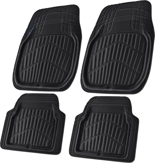 CAR PASS Leather Car Floor Mats -3D Waterproof All Weather Season, Universal Trim to Fit & Anti-Slip Burr Bottom Safety & Light Easy Clean Install for SUV Truck Auto & Durable Luxury (Black)