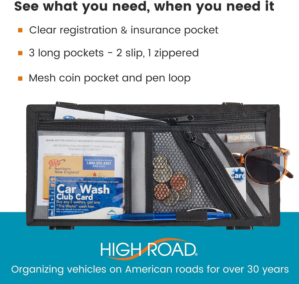 High Road Car Visor Organizer and Sun Visor Document Holder with Pockets