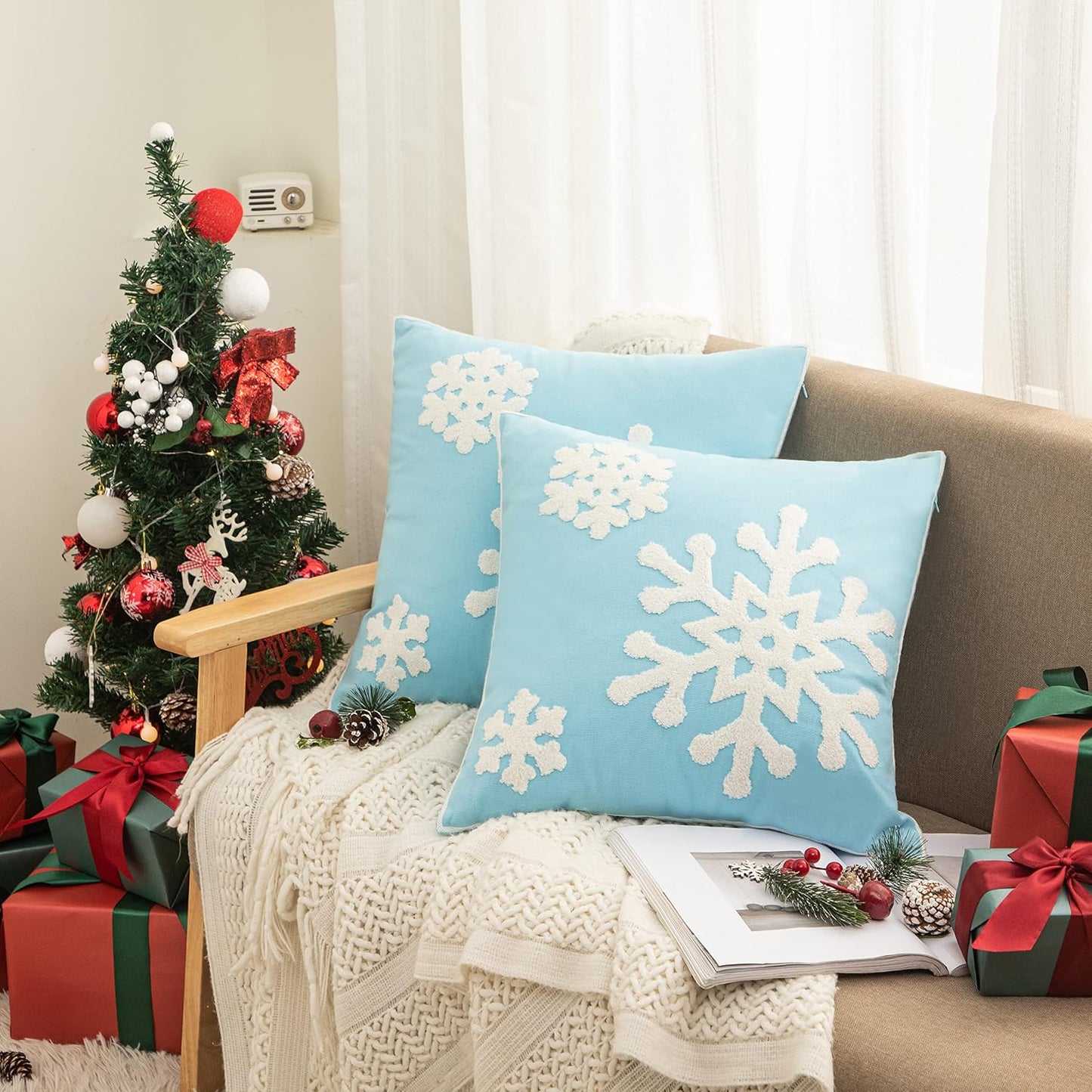 18x18,Cotton Christmas Blessing Throw Pillow Cover for Bed Sofa Cushion Car Snowflake Embroideried Pillowcases,1pair Blue
