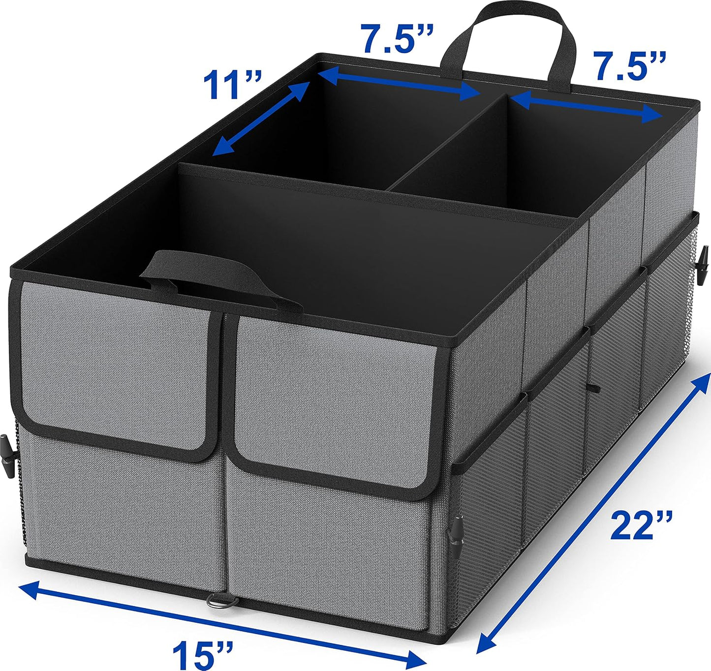EPAuto Foldable Car Trunk Organizer for SUV, 3-Compartment, Dark Gray | with Removable Divider, Side Pockets and Securing Straps