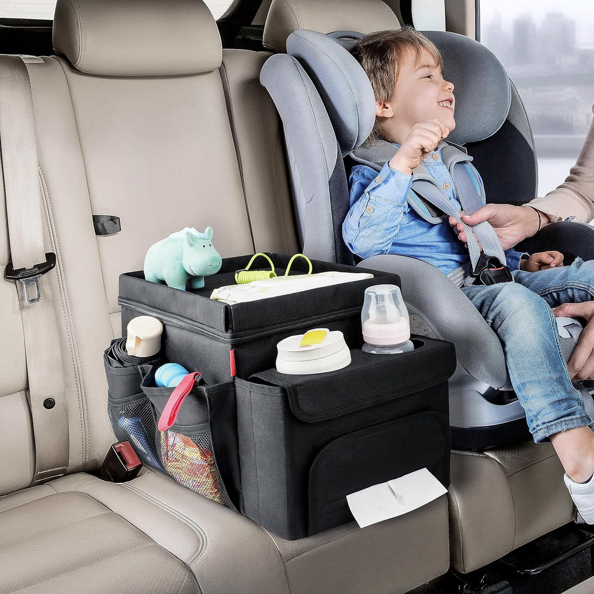 Car Organizer & Cooler – Durable Oxford Fabric Exterior & Waterproof Liner, Portable Car Storage & Insulated Cooler Box with Dividers, Cup Holders & Tissue Pocket – Black [2025 Upgraded]