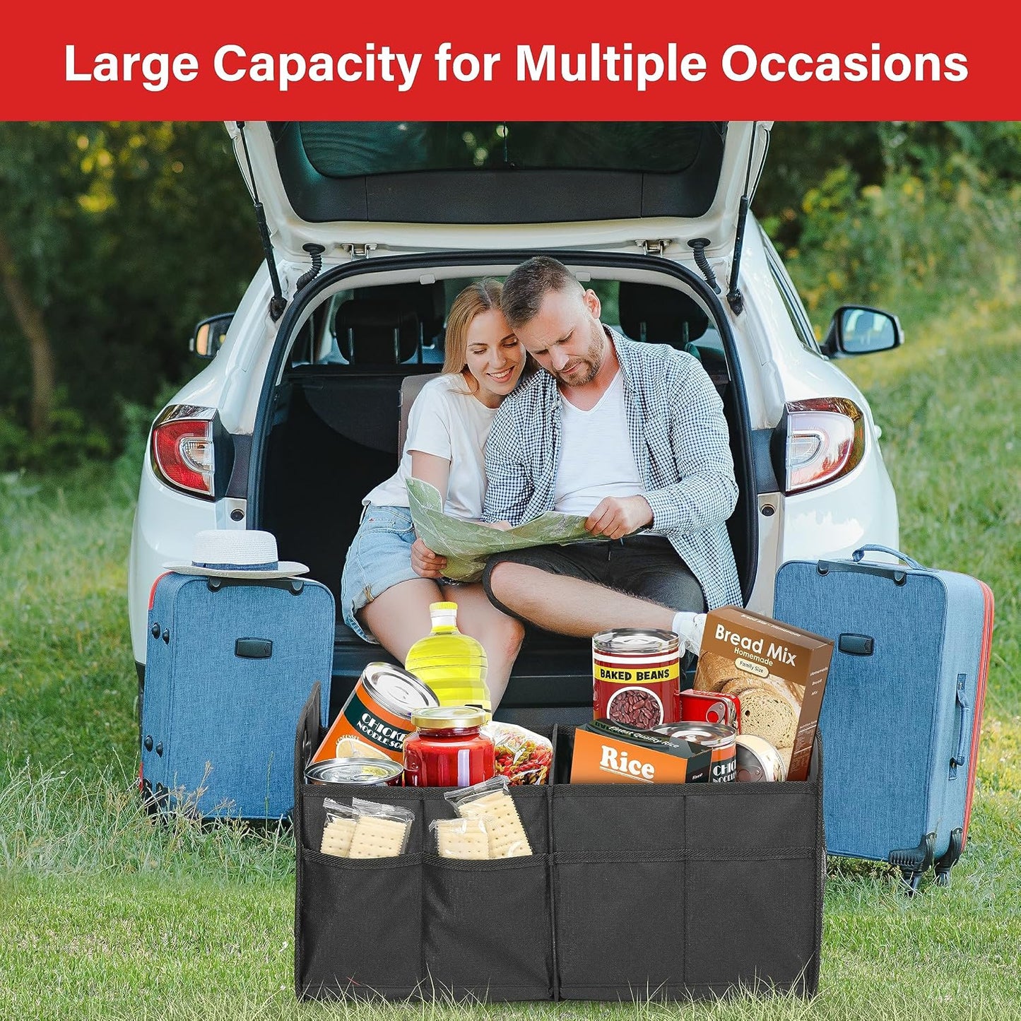 Simple Deluxe Trunk Organizer for Car/SUV, Collapsible 600D Waterproof Oxford Polyester 50L Storage Box, 2 Compartments Multipurpose Travel Accessories, Anti-slip & Leak-proof, Black