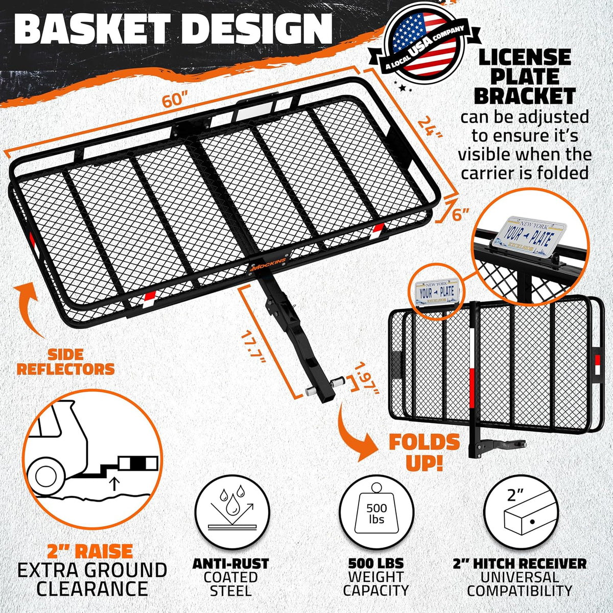 Mockins 60"x24"x6" Heavy Duty Trailer Hitch Cargo Carrier w/ 500 Lbs. Cap | with 25 CuFt Waterproof Cargo Bag for Hitch Carrier | Folding Luggage Rack for SUV Car Truck w/ Plate Bracket & Accessories