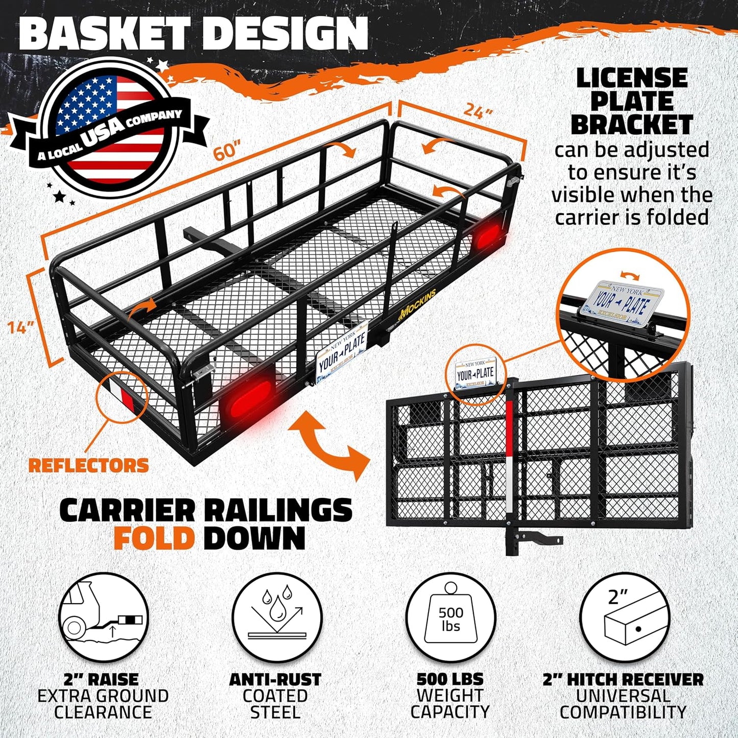 Mockins 60"x24"x14" High Rail Trailer Hitch Cargo Carrier with Rear Lights | Includes 30 CuFt Cargo Bag for Hitch Carrier & Plate Bracket | 500 Lbs Capacity All-Weather Luggage Rack for SUV Car Truck RV