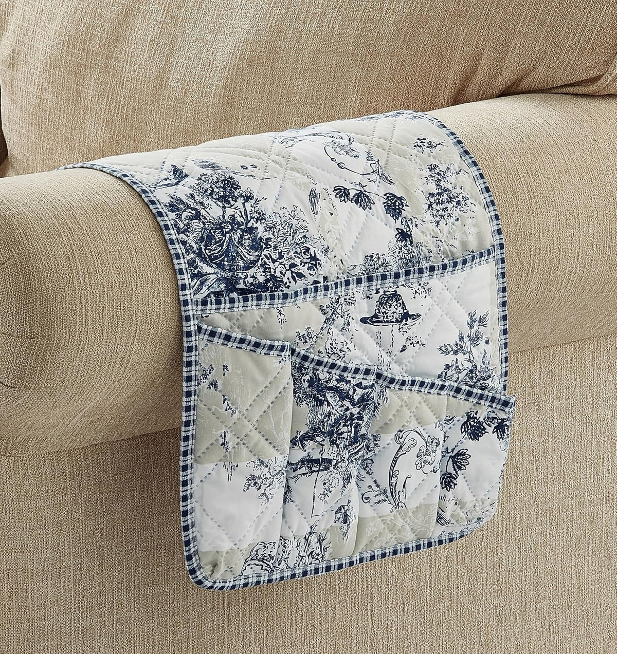 Brilliant Sunshine Blue & Beige Toile Couch Armrest Cover, 35"×13"